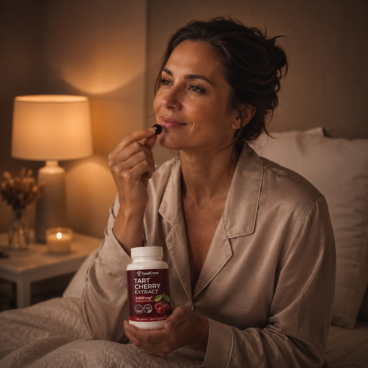 Woman taking GoodGrove Tart Cherry before bed