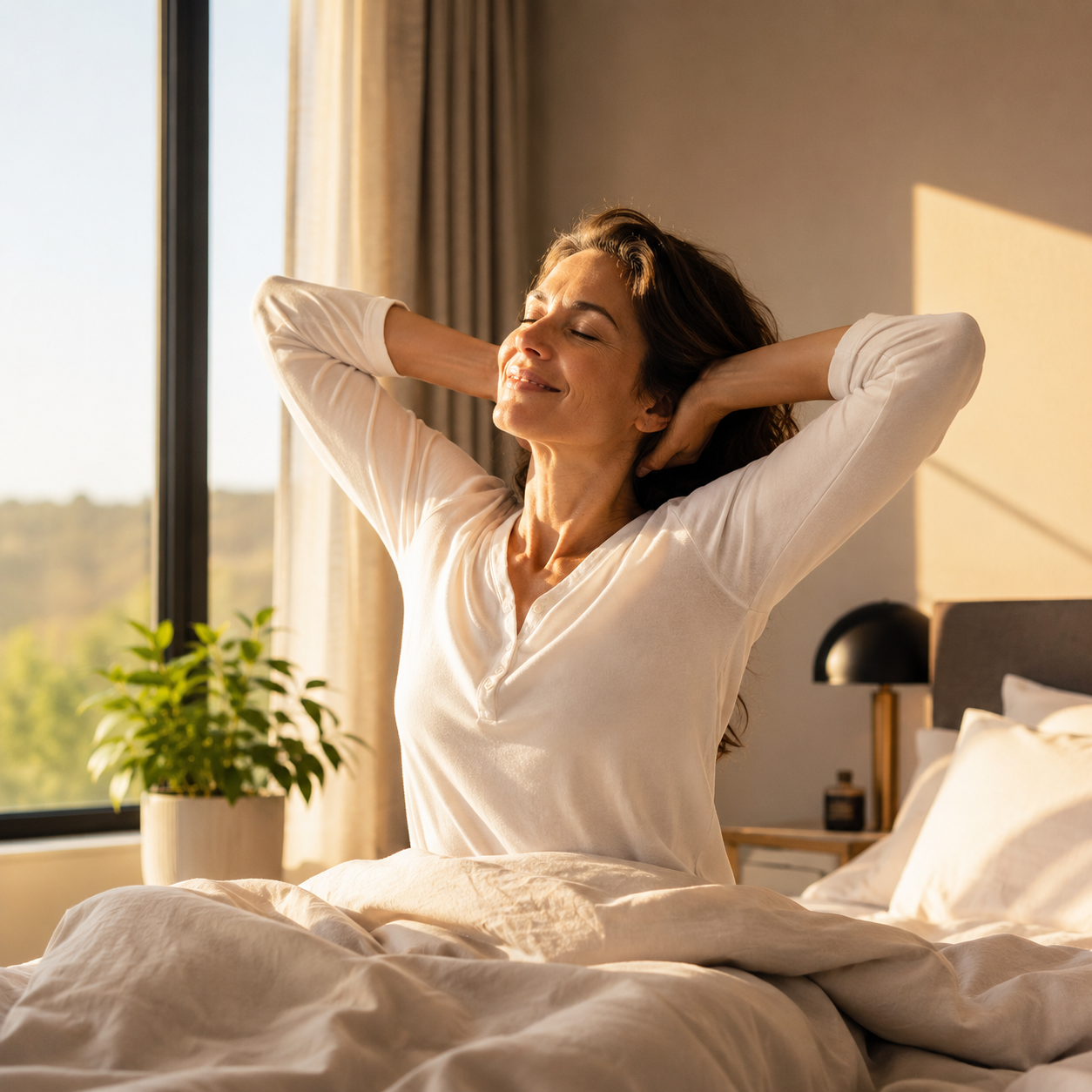 Woman waking up refreshed after taking GoodGrove