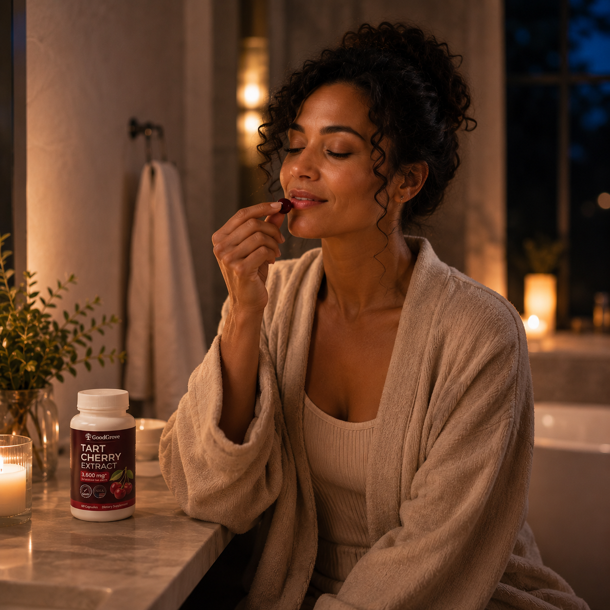 Woman creating a calming nighttime ritual with GoodGrove